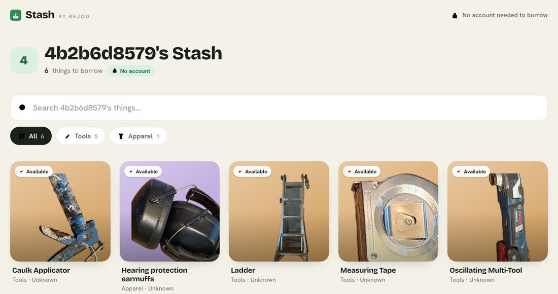 A real stash page: six things to borrow, with photos